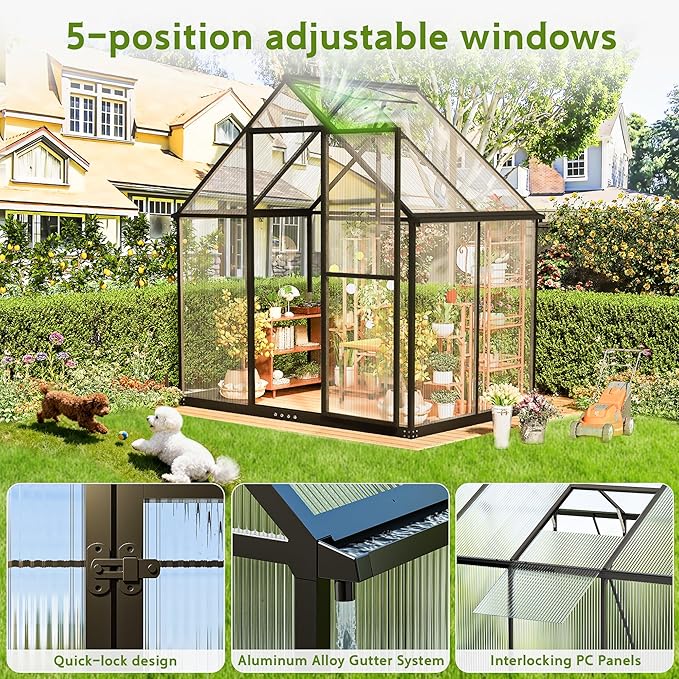 Wanan 6x4FT Greenhouses for Outdoors, Quick Assembly Polycarbonate Green House with UV Protection, Heavy Duty Windproof Aluminum Frame, Adjustable Roof Vent for Backyard or Outdoor Garden Use
