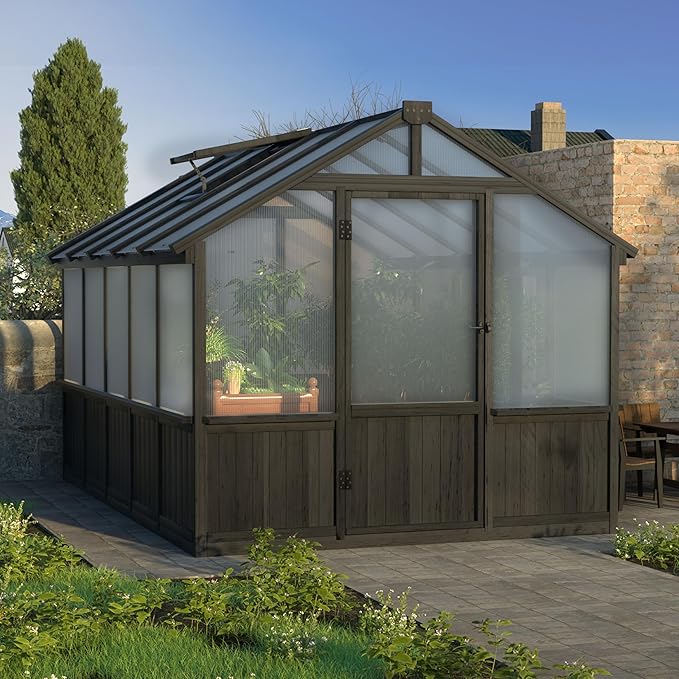 Yardenaler 8x10 FT Greenhouse Kit with 6MM Thick Polycarbonate Panel for Outdoor, Wooden Walk-in Green House with Adjustable Roof Vent and Lockable Door, Backyard, Garden, Black