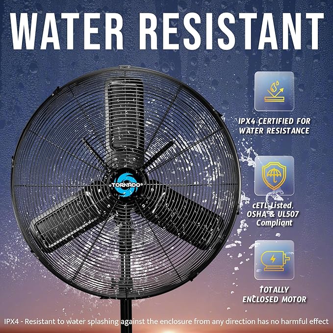 Tornado 24 Inch Outdoor Oscillating Pedestal Fan, IPX4 Water-Resistant High Velocity Metal Floor Fan, 2-Speed Commercial Industrial Standing Fan, 7600 CFM, cETL Listed