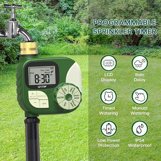 GMR Hose Timer, Water Timer for Garden Hose, Irrigation Timer with 360° Brass Swivel, Waterproof Sprinkler Timers for Automatic Watering System/Manual/Rain Delay, 1 Outlet