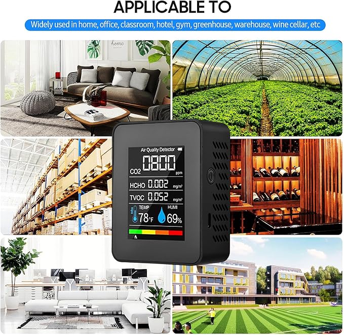 Prefessionall Indoor Air Quality Monitor, 5 in 1 Portable Smartair Quality Tester for CO2 | TVOC | HCHO | Temp | Hum for Home Cars Plants and Pets So On (Black)