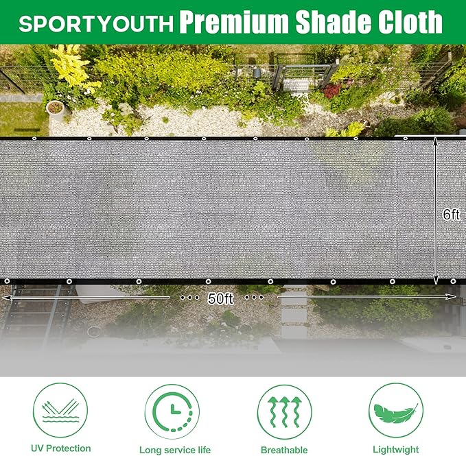SPORTYOUTH Shade Cloth, 40% Black Sunblock Cover for Garden, 6x50 Ft Mesh Tarp with Grommets UV Resistant for Outdoor Greenhouse, Plants Vegetables Growing, Patio, Chicken Coop, Yard