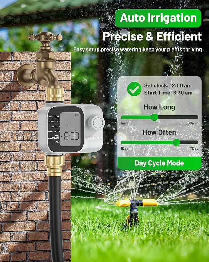 [2026 Upgrade] Sprinkler Timer with Brass Inlets & Outlets, Unistyle Programmable Water Timer for Garden Hose, IP55 Waterproof Hose Timers with Manual Irrigation Timers for Yard and Lawn Patio