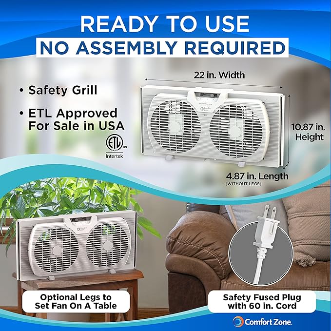 Comfort Zone Twin Window Fan with Reversible Airflow Control, 9 inch, Auto-Locking Expanders, 2 Speed Fan, Dual Fan, Exhaust, Airflow 9.84 ft/sec, Ideal for Home, Kitchen, Bedroom & Office, CZ319WT