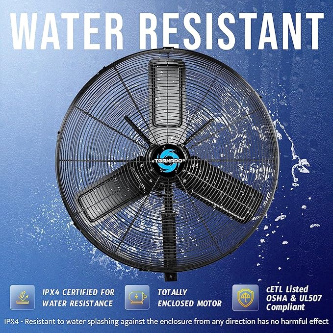 Tornado 30 Inch Outdoor Rated IPX4 Water-Resistant High Velocity Oscillating Wall Mount Fan For Industrial Use TEAO Motor 2 Speed 8400 CFM cETL Listed