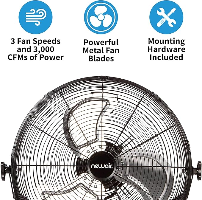 NewAir WindPro18W Wall Mount Fan | High-Velocity Industrial, Shop or Garage Fan | 3 Speed Settings | 3000 CFM | Black