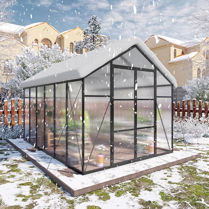 Greenhouse for Outdoors 8x12x7.8FT, Polycarbonate Greenhouse with Stronger Wind Protection and Roof Vent, Walk-in Large Aluminum Sunroom Winter Proof, Black