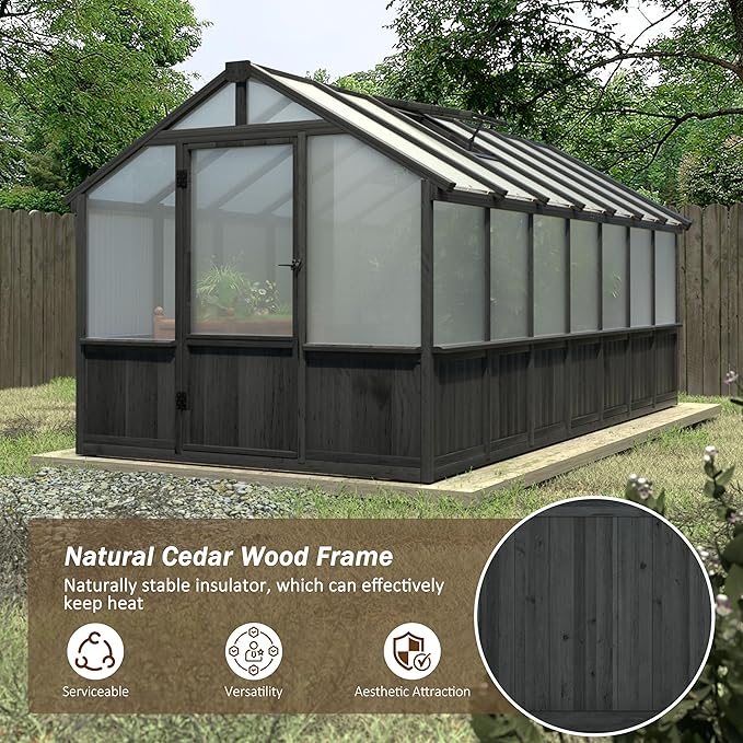 MUPATER 8x14 FT Walk-in Wooden Greenhouse for Outside, Heavy Duty Garden Hot House with Ventilated Window & Lockable Door for Backyard, Patio, Lawn, Black