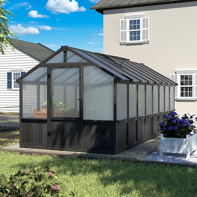 Yardenaler 8x16 FT Greenhouse for Outdoor, 6MM Thick Polycarbonate Panel Wooden Walk-in Green House with Adjustable Roof Vents and Lockable Door, Backyard Garden, Black