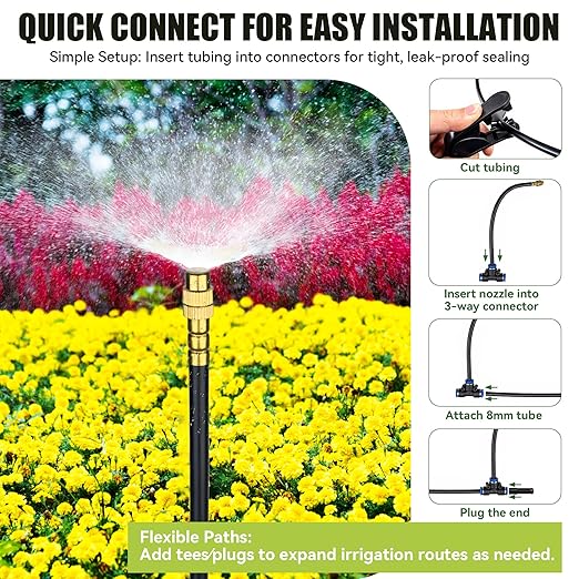 50FT 360° Adjustable Drip Irrigation System Garden Watering System with 12 Nozzles Plant Watering Devices Misting System Greenhouse Accessories for Yard, Lawn