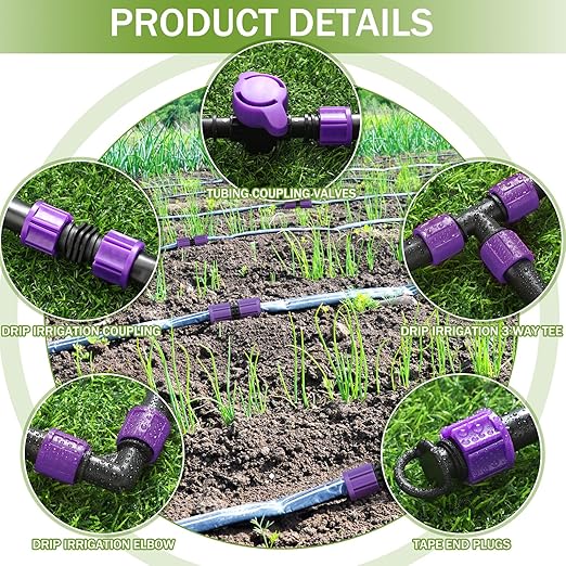 Tondiamo 50 Pcs Garden 5/8" Drip Irrigation Tape Tubing Fittings Kit Include Connector, Tee Coupling, Elbows, End Cap, On/Off Valve Barb for Most 16-17 mm Tubing Irrigation System(Purple)
