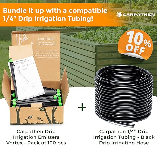 CARPATHEN 100 Drip Irrigation Emitters Vortex - Drip Irrigation Parts for Irrigation Kit - 1/4 inch Irrigation Tubing Compatible - 360 deg Adjustable Fan Sprayer for Raised Garden Bed, Potted Plants