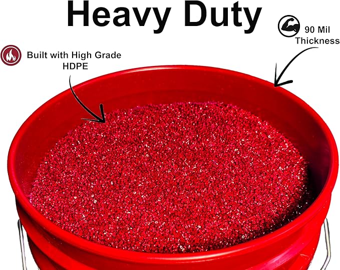 MKS Plastics 5-Gallon Bucket with Airtight Lid – Made in USA, Food Grade BPA Free Plastic, Heavy Duty Multi-Use, Metal Handle with Grip, Stackable Storage – Red, 6 Pack