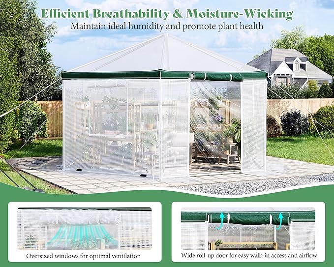 AMERLIFE 13.5x13.5x9 FT Hexagonal Walk-in Greenhouse for Outdoors, Heavy-Duty Greenhouse with Windbreak Ropes, Waterproof PE Cover, Ground Stakes, Tunnel Green House for Garden, White/Green