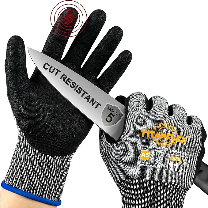 TitanFlex Cut Resistant Gloves ANSI A5, Work Gloves with Sandy Nitrile Grip,Black