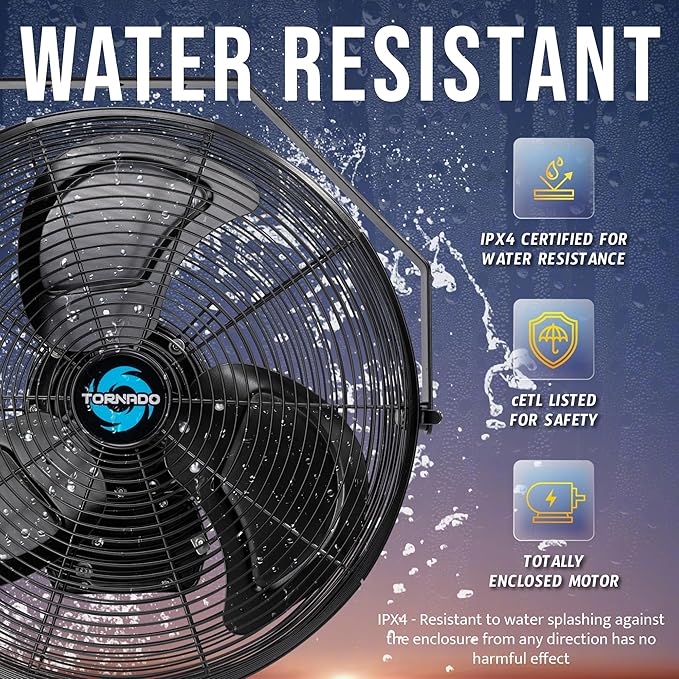 Tornado 18" Outdoor IPX4 Rated Water-Resistant Metal Industrial Wall Mount Fan, 3 Speed High Velocity Wall Fan For Commercial, Industrial, Residential Use, 4150 CFM 6.6 FT Cord 180°Tilting, Black