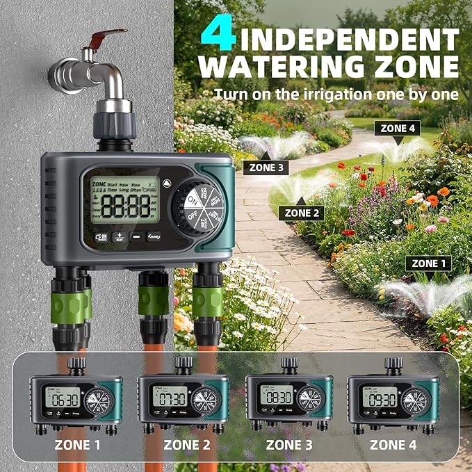 Sprinkler Timer 4 Zone, Programmable Water Timer for Garden Hose with Rain Delay, Manual and Automatic Irrigation Controller System, 4 Outlets Timed Irrigation Controller System for Lawn