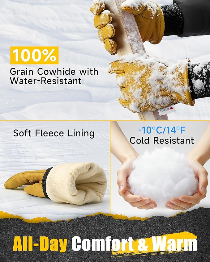 DULFINE Winter Leather Work Gloves for Men and Women,3M Thinsulate Lining for Cold Weather Work, Thermal Insulated Gloves