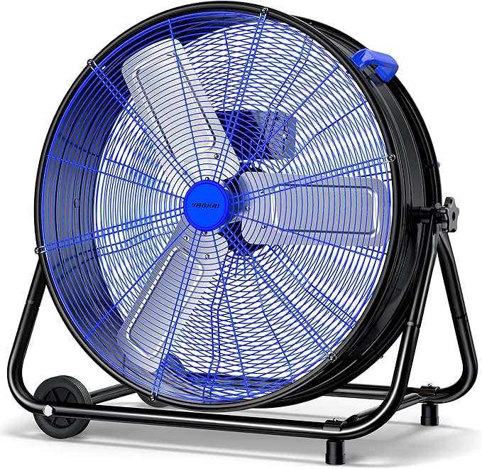 VAGKRI 24 Inch Industrial Drum Fan, 320W High Velocity Floor Fan, 3 Speed Heavy Duty Metal Air Circulator, 360° Tilt with Casters Handle ETL Standard for Patios, Warehouse, Commercial,Basement (Blue)