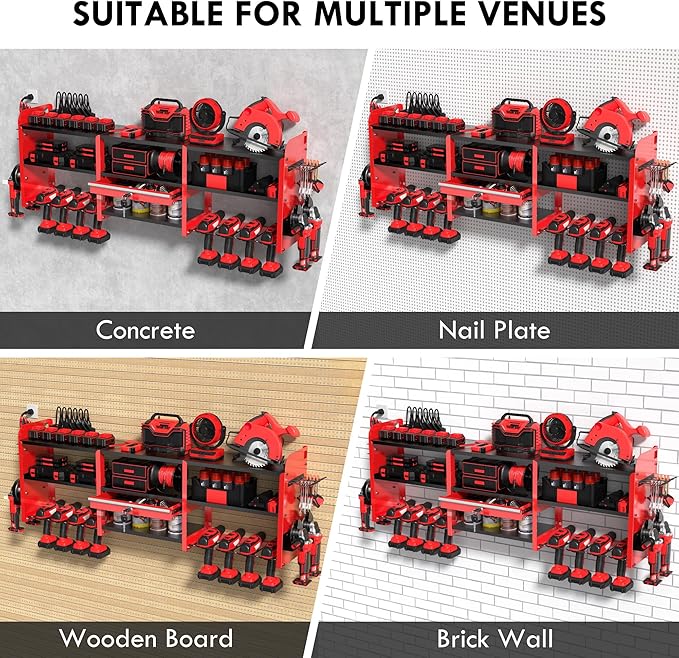 KSVO Large Power Tool Organizer Wall Mount with Locking Drawers, Grinder Holder, Hammer & Pliers Rack, & 6-Outlet Charging Shelf – Heavy Duty Metal Tool Storage for Garage & Workshop