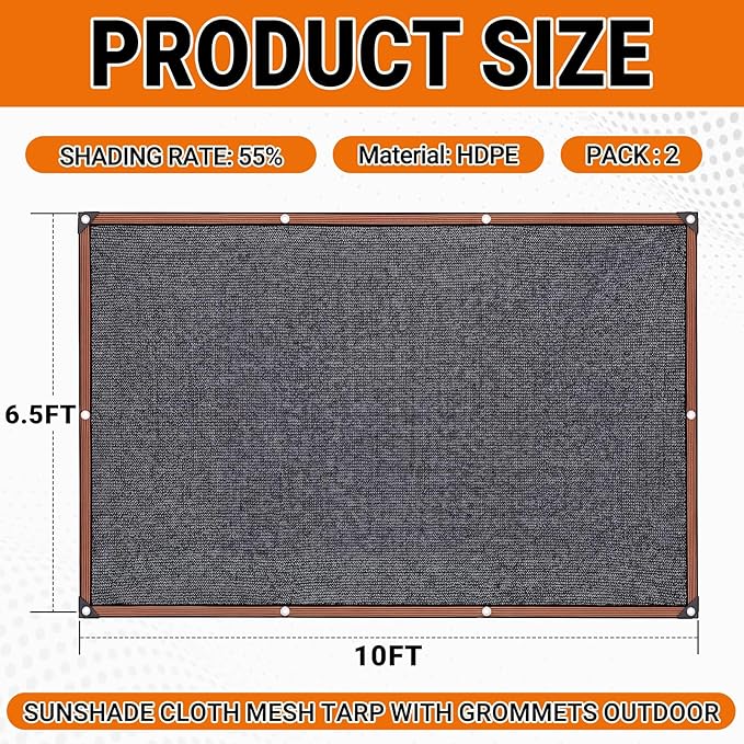 2 Pack 55% Black Shade Cloth for Garden 6.5 x 10 ft Sunshade Cloth Mesh Tarp with Grommets Outdoor Net for Patio Plants Greenhouse Outdoor Chicken Coop Cover