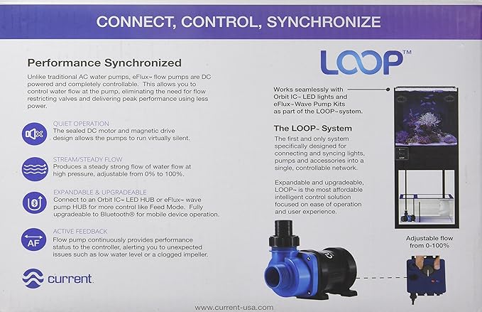 CURRENT USA eFlux DC Flow Pump with Control 1900 GPH | Loop Controllable Aquarium DC Return 380-1900 GPH | Quiet, Submersible or External | Fish Tank, Sump, Pond, Freshwater and Saltwater Marine Use