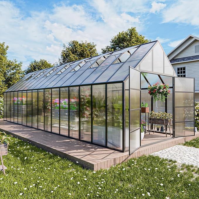 CDCASA 10x32 FT Greenhouse for Outdoors,Large Easy Assembly Thicker Aluminum Polycarbonate Greenhouses w/7 Windows, Double Doors, Walk-in Green House for Outside,Patio,Backyard,Garden