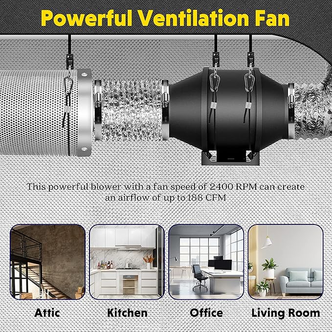 iPower 4 Inch 200 CFM Inline Duct Ventilation Fan with Variable Speed Controller for Grow Tent/Hydroponics/Indoor Garden, Black