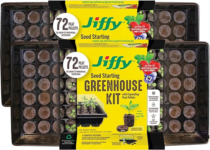 Ferry Morse Jiffy Seed Starting Greenhouse Tray Kit with 72 36mm Peat Pellets and Bonus SUPERthrive Sample + Plant Markers, 2 Pack, 144 Pellets Total