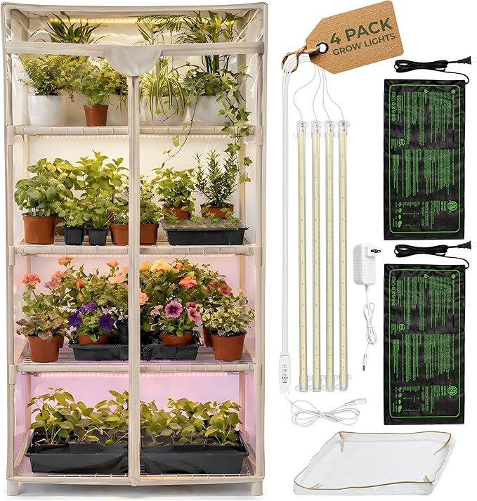 Carpathen Indoor Greenhouse with Grow Light - 4 Tiers 27.2"L x 19.3"W x 54"H with 2 Heat Mats and 4 Dimmable 15W Full Spectrum LED Light Strips w Spectrum Control - Mini Greenhouse with Zip PVC Cover
