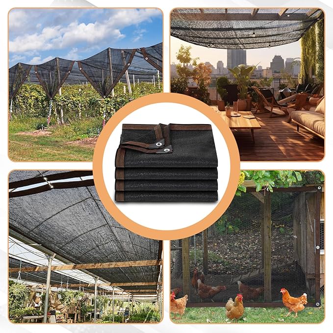 4 Pcs 10 x 20 Ft Black Shade Cloth Roll for Covering Garden 70% Mesh UV Resistant Net with Ties for Patio Outdoor Greenhouse Fence Flower Plant Cover Canopy