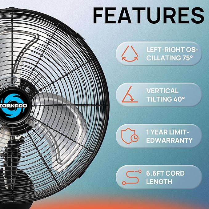 Tornado 16" Pro Series Oscillating Wall Mount Fan – High Velocity Heavy Duty Metal Fan for Industrial, Commercial & Residential Use – UL Listed, 3 Speeds, 2850 CFM, 120V