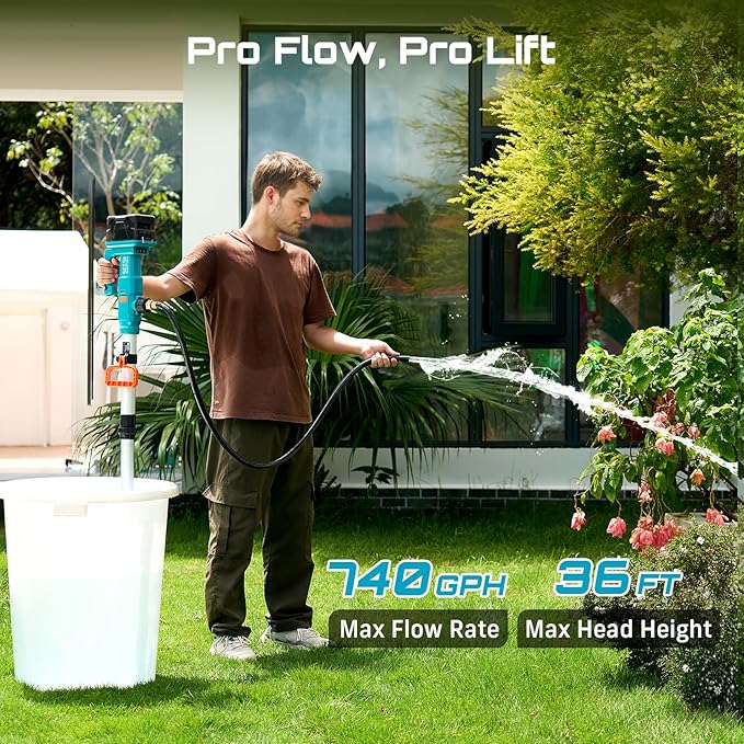 SEESII Cordless Stick Water Transfer Pump, 2×4.0Ah Battery Inculded, 740GPH Portable Utility Water Pump, Adjustable Telescoping Submersible Pump for Garden Basement Pond RV Pool Boat Well