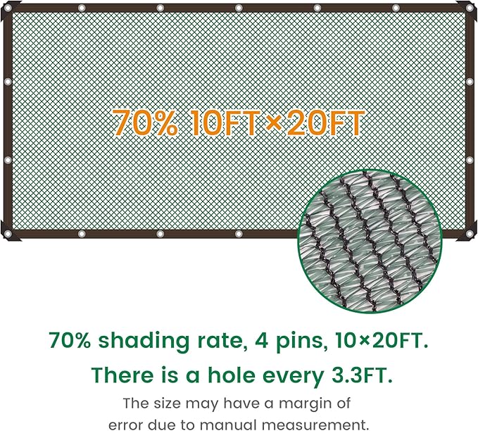 70% 10 X 20 FT Green Shade Cloth, Outdoor Woven Sun Shade with Grommets, Durable Breathable Netting Shading Antifreezing for Patio, Garden, DIY Home, Plants Cover, Greenhouse, Dog Kennel