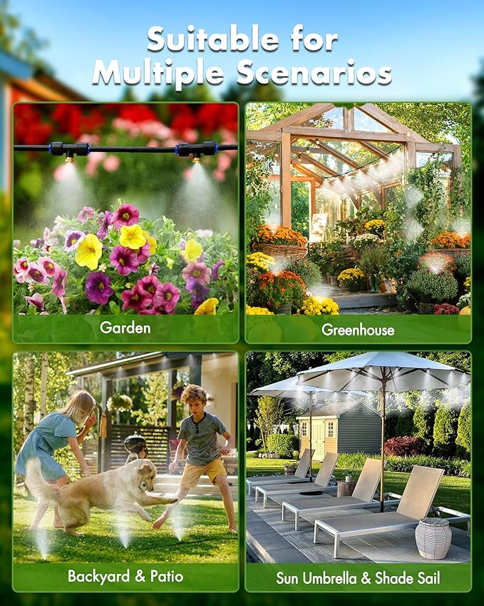 Misters for Outside Patio with Water Filter - 59Ft(18M) Misting system Line 20 Brass Mist Nozzles Brass Adapter(3/4") Patio Misters for Cooling Outdoor Greenhouse Backyard Porch Garden BBQ Party Pool