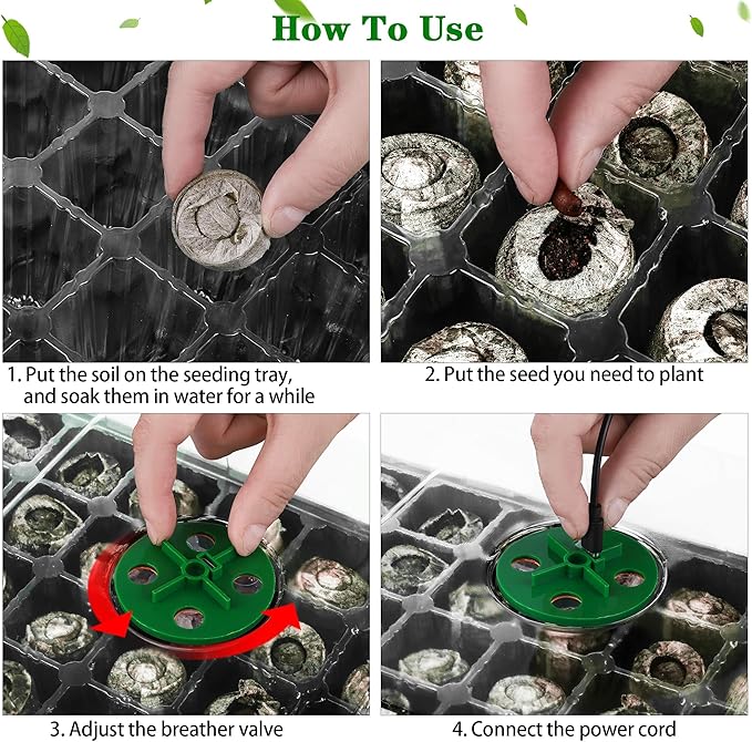 Hahood 3 Pack Seed Starter Tray Kit with Grow Light Germination Trays with Humidity Dome, 120 Peat Pellets, Gardening Tools, Plant Labels, Plant Growing Trays for Seeds Growing Starting, Black