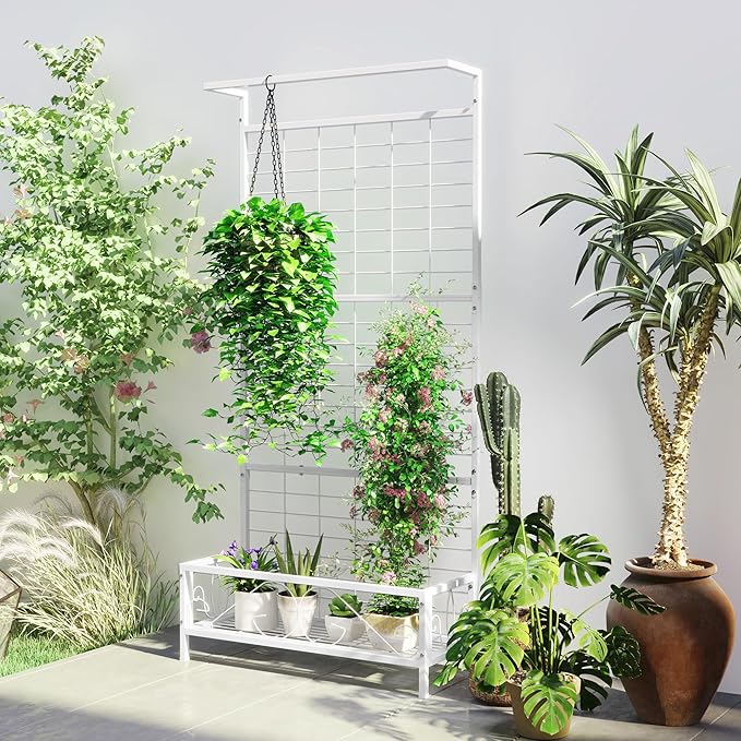 Outsunny Tall Plant Stand with Trellis and Hanging Bar, Metal Plant Holder Flower Stand for Vine Climbing Plants Flowers Indoor Outdoor Use, 36" x 12.8" x 74", White