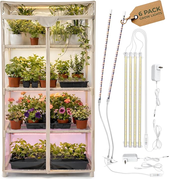 Carpathen Indoor Greenhouse with Grow Lights - 4 Tiers 27.2"L x 19.3"W x 54"H with 4 Dimmable 15W Full Spectrum LED Light Strips and 2 Gooseneck Clip-on Plant Lamp - Mini Greenhouse with Zip PVC Cover