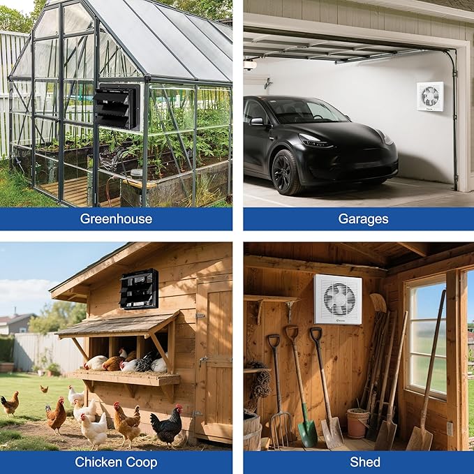10" Solar Greenhouse Fan with Battery and Adjustable Thermostat, Shutter Ventilation Fan for Greenhouse, Attic, Garage with 2PCS 15W Bifacial Solar Panels