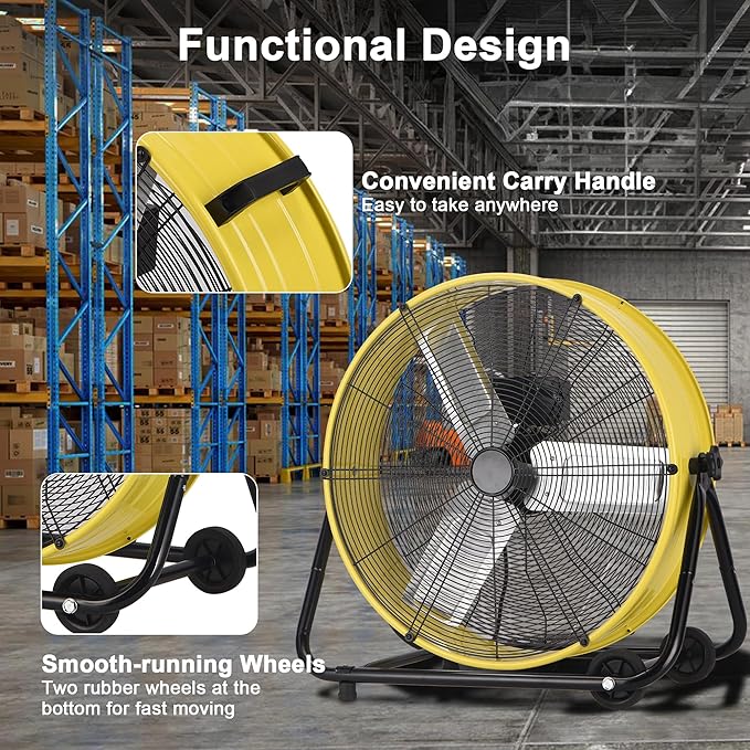 40 Inch Industrial Drum Fan, 24800 CFM High Velocity Floor Fan, Heavy Duty, 3-Speed, 360° Fully Adjustable Tilt, Portable Wheels & Handle for Commercial, Warehouse, Garage, Workshop, Gym-ETL Certified