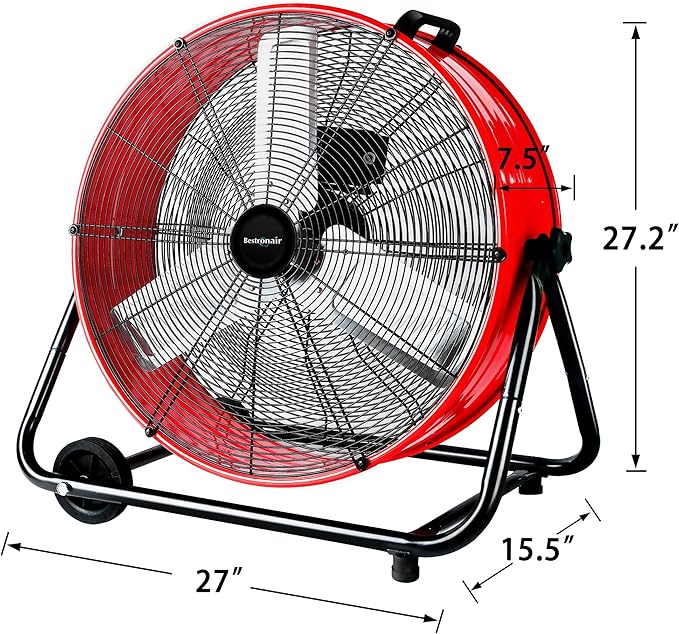 Bestronair 24 Inch High Velocity Drum Fan, 8100CFM Heavy Duty Industrial Floor Fan for Garage, 360° Tilt Metal Shop Fans with 3 Speeds for Warehouse, Factory, Commercial, Basement, Workshop, Gym