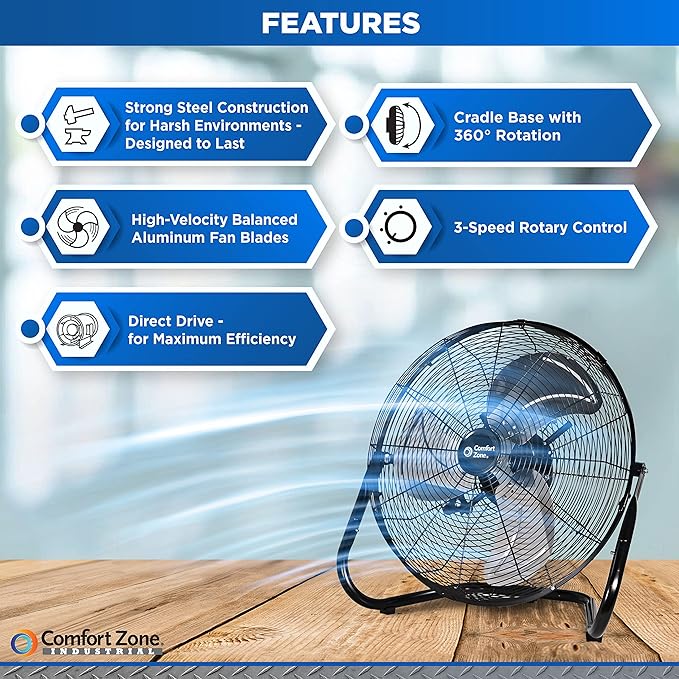 Comfort Zone 18-Inch High-Velocity Industrial Floor Fan, Heavy-Duty 3-Speed Metal Shop Fan with 180° Adjustable Tilt & Carry Handle, Quiet Vibration-Free Cooling for Garage, Workshop, & Home