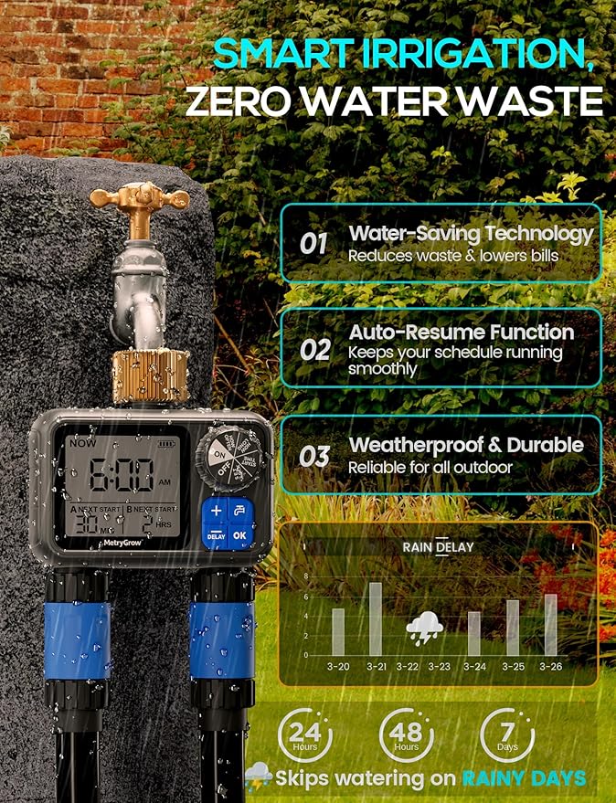 Sprinkler Timer, Programmable Irrigation Water Timer with 2 Brass Inlet for Garden Hose, Automatic Watering System for Yard Lawn, Rain Delay