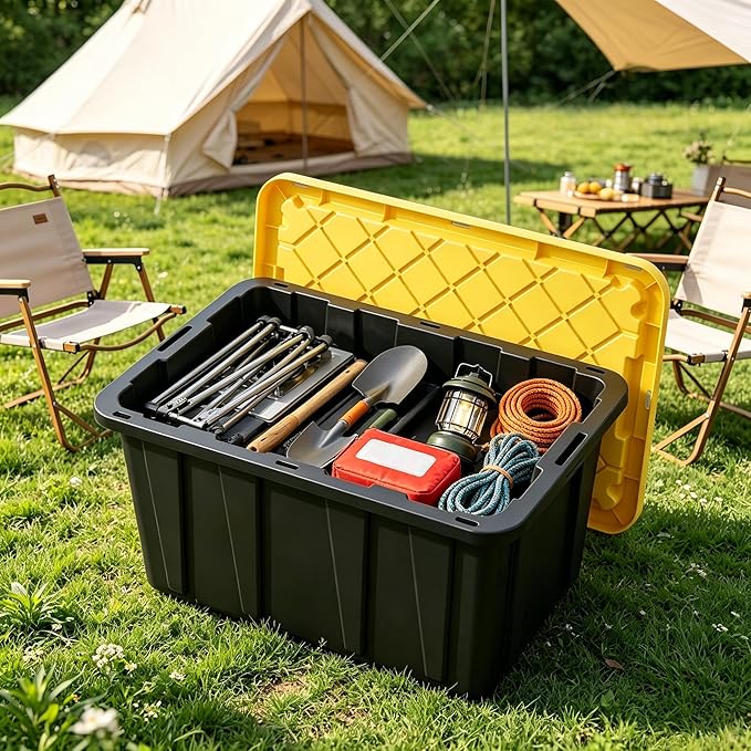 4 Pack 17 Gallon Heavy Duty Storage Bins with Lids, Industrial Stackable Lockable Nestable Plastic Totes Storage Containers for Garage, Moving, Home & Office Organization, Black & Yellow