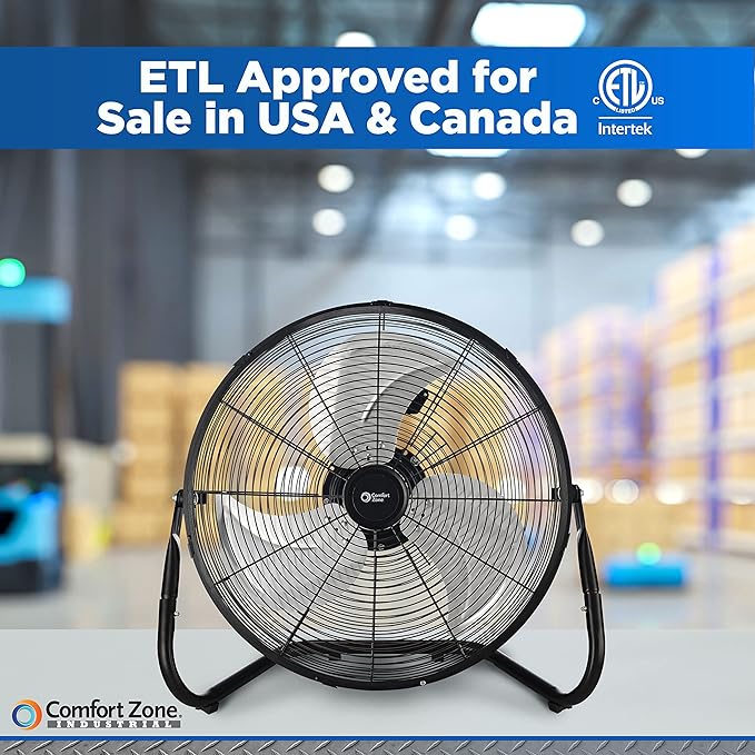 Comfort Zone 18-Inch High-Velocity Industrial Floor Fan, Heavy-Duty 3-Speed Metal Shop Fan with 180° Adjustable Tilt & Carry Handle, Quiet Vibration-Free Cooling for Garage, Workshop, & Home