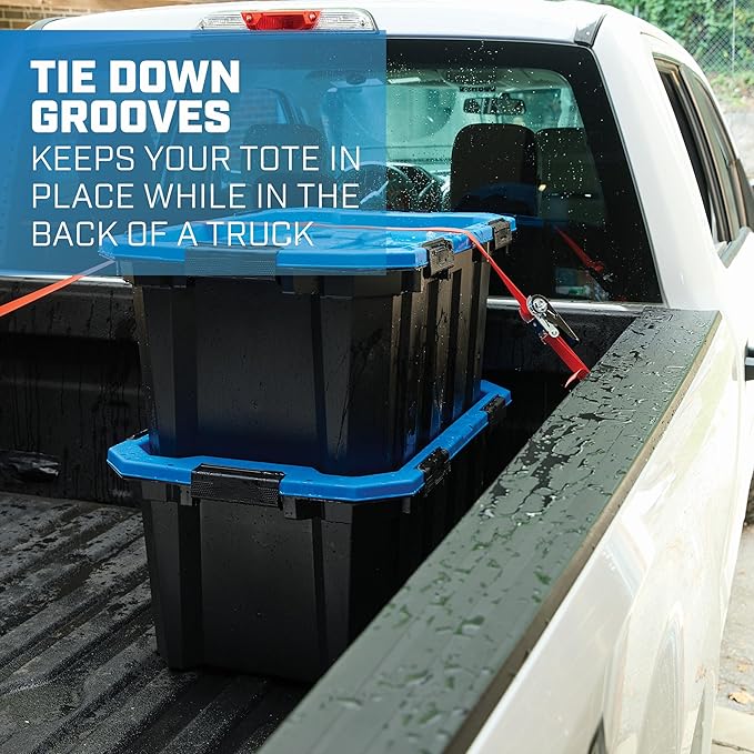 24 Gallon Waterproof Storage Bin with Latching Lid, Heavy Duty Plastic Tote for Garage, Basement, Attic, and Outdoor Storage – Dustproof, Stackable,Secure Locking Buckles,Black with Blue Lid, BPA-Free