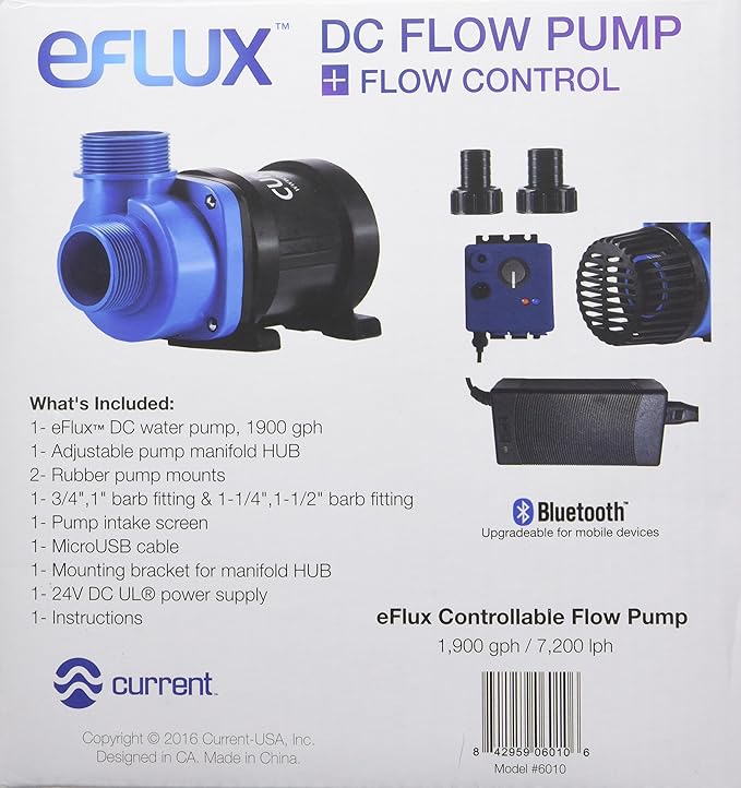 CURRENT USA eFlux DC Flow Pump with Control 1900 GPH | Loop Controllable Aquarium DC Return 380-1900 GPH | Quiet, Submersible or External | Fish Tank, Sump, Pond, Freshwater and Saltwater Marine Use
