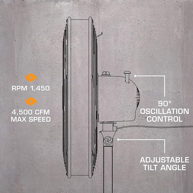 Hurricane Pro High-Velocity Oscillating Metal Stand Fan w/ 3-Speed Setting, 20" - Heavy-Duty Cooling Pedestal Unit w/ 4500 CFM, Adjustable Tilt & Height for Home, Garage, Gym & Workshop