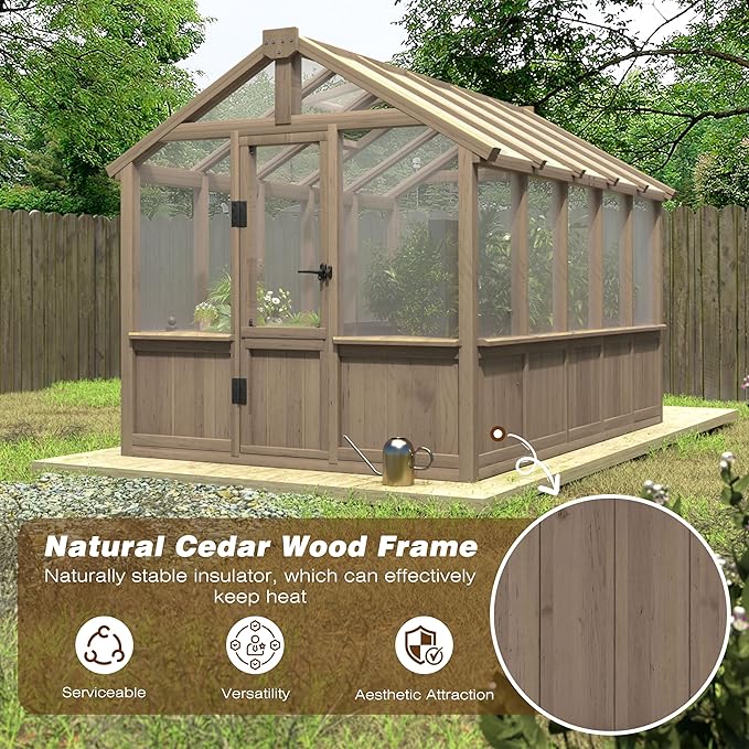 Yardenaler 6x10 FT Green House for Outdoor, 6MM Thick Polycarbonate Panel Wooden Walk-in Greenhouse Kit with Lockable Door and Adjustable Roof Vent, Backyard Garden, Light Mocha Brown