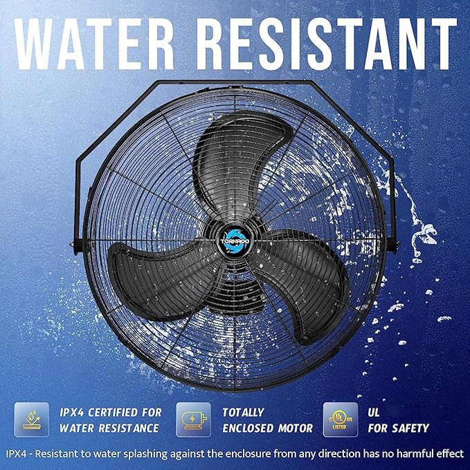 Tornado 18 Inch Outdoor IPX4 Water-Resistant High Velocity Metal Industrial Wall Mount Fan For Commercial, Industrial, Residential, Greenhouse Use 3 Speed 1/6 HP 6.6 FT Cord UL Safety Listed